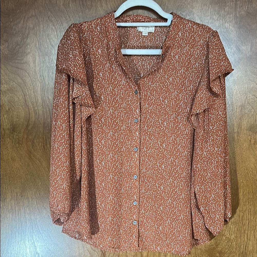LOFT Orange Blouse with Ruffled Sleeves and Notched Collar
